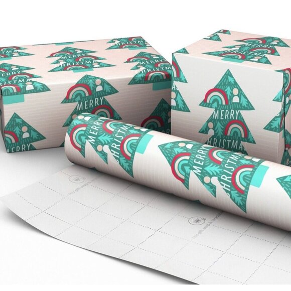 Hallmark Wrapping Paper Christmas Rainbow Trees Light Pink Roll 35 sq ft Holiday - Picture 3 of 4